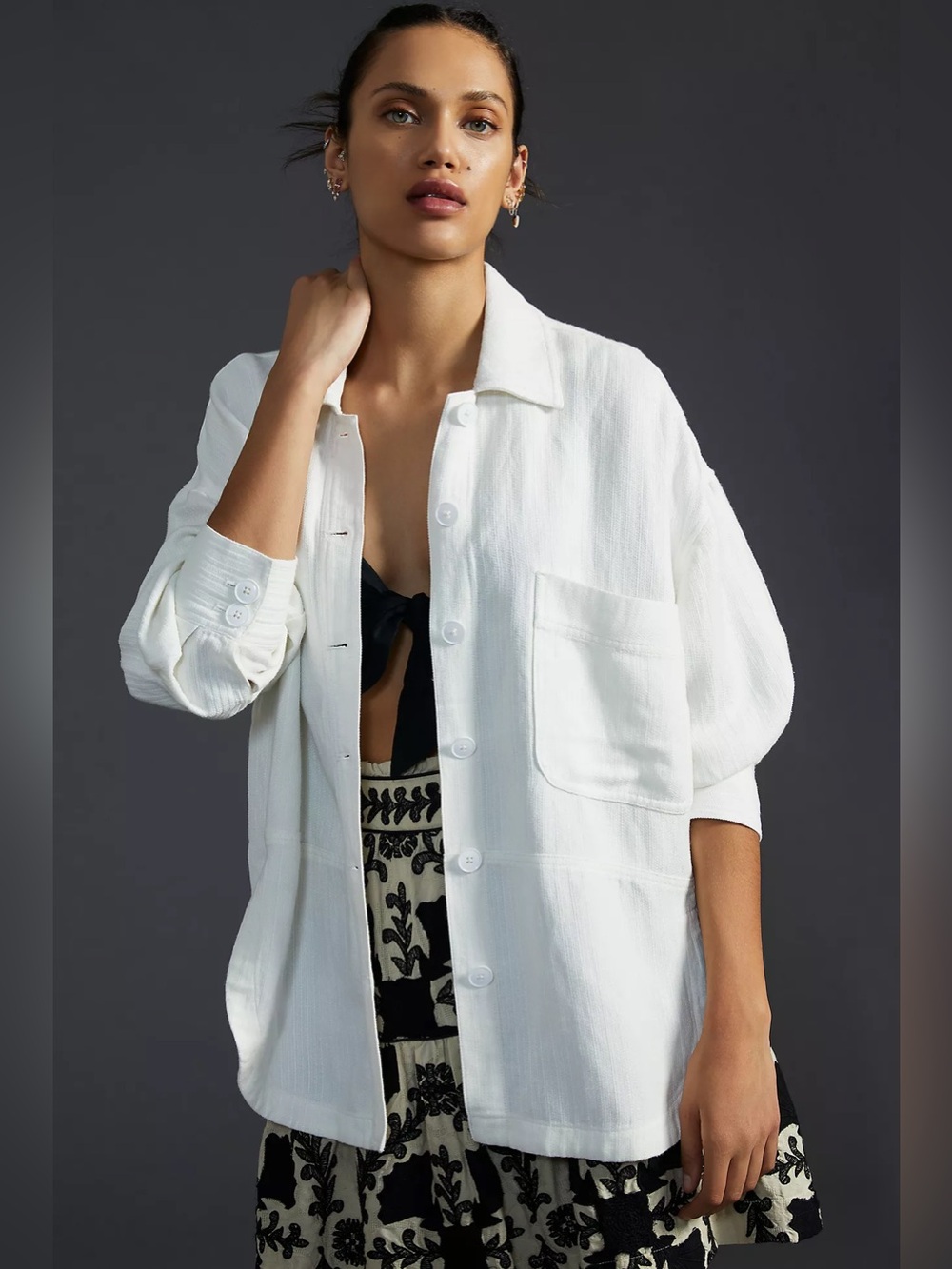 Anthropologie Maeve White Textured Heavyweight Button Front Shacket Shirt Medium